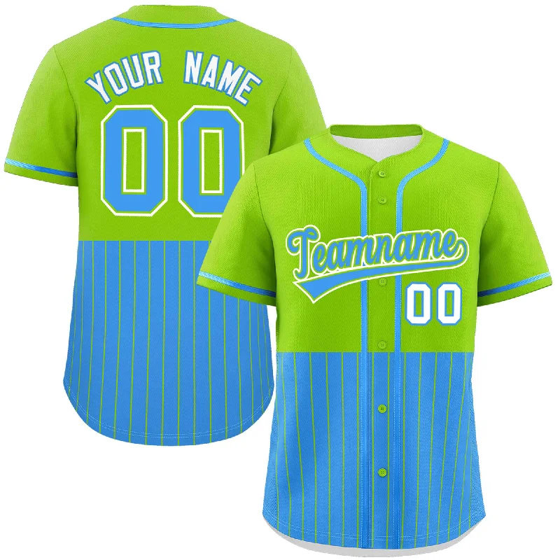 Baseball Jersey for School Spirit Jerseys for Fans-Custom Neon Green Powder Blue Personalized Half Stripe Design Authentic Baseball Jersey