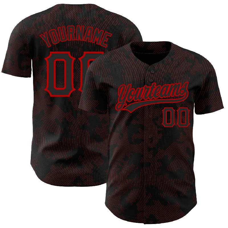 Baseball Jersey for Exclusive Baseball Gear for Fans-Custom Black Red 3D Pattern Design Curve Lines Authentic Baseball Jersey