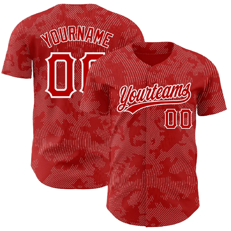 Baseball Jersey for Custom Fan Gear for Competitions-Custom Red White 3D Pattern Design Curve Lines Authentic Baseball Jersey