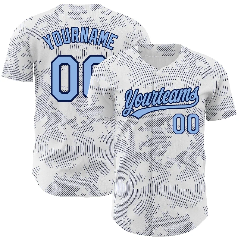 Baseball Jersey for Official League Merchandise-Custom White Light Blue-Navy 3D Pattern Design Curve Lines Authentic Baseball Jersey