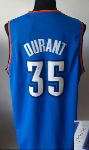 Basketball Jersey for Basketball Fan Gifts for Birthdays-Revolution 30 Autographed Thunder #35 Kevin Durant Blue Stitched Basketball Jersey