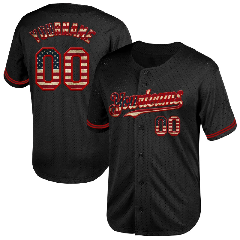 Baseball Jersey for Youth Baseball Teams-Custom Black Vintage USA Flag-Red Mesh Authentic Throwback Baseball Jersey