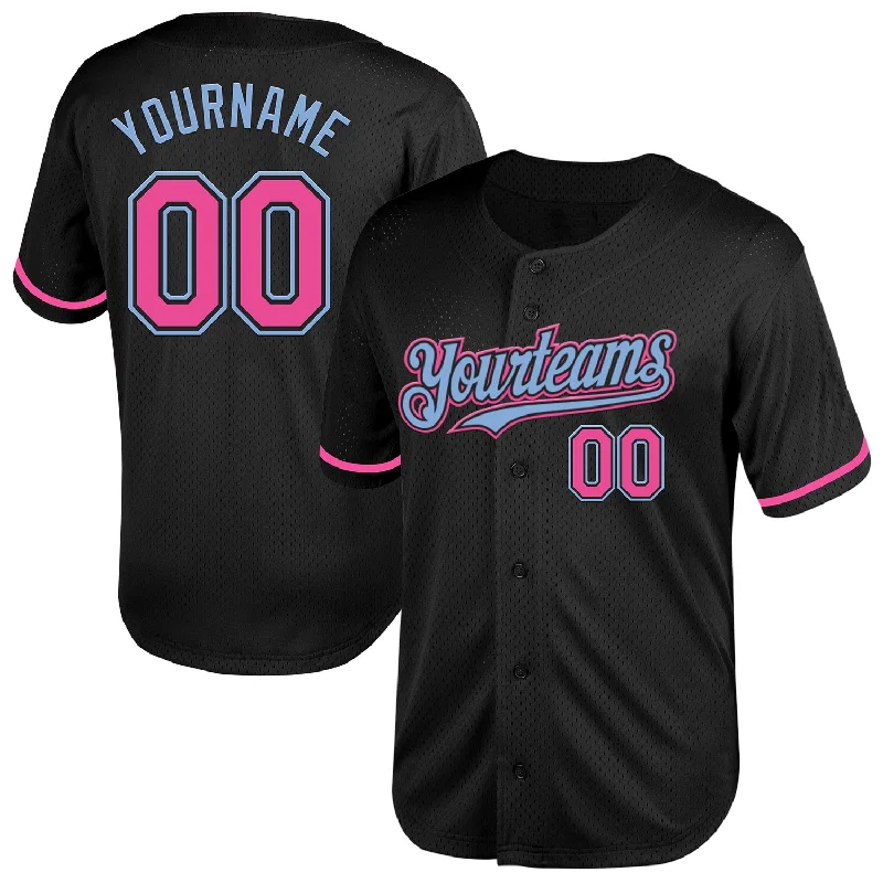 Baseball Jersey for School Teams-Custom Black Pink-Light Blue Mesh Authentic Throwback Baseball Jersey