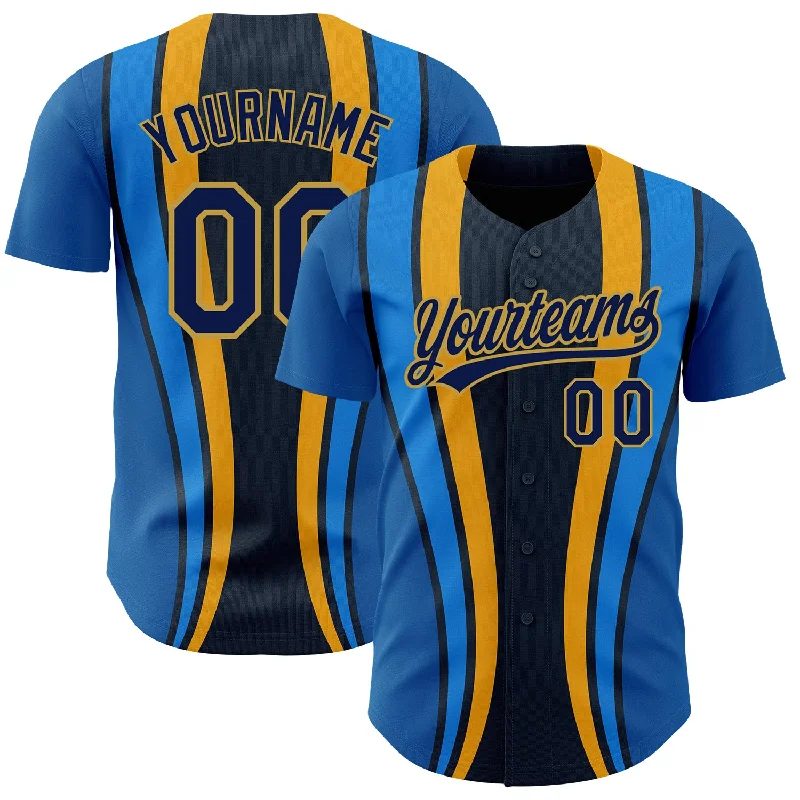 Baseball Jersey for Custom Sizes-Custom Royal Navy-Old Gold 3D Pattern Design Side Stripes Authentic Baseball Jersey