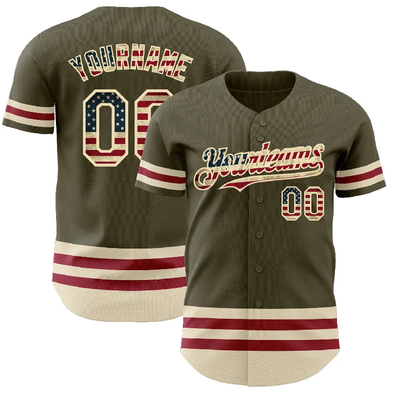 Baseball Jersey for Team Uniforms-Custom Olive Vintage USA Flag Cream-Maroon Line Authentic Salute To Service Baseball Jersey