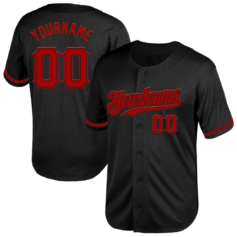 Baseball Jersey for Large Group Orders-Custom Black Red Mesh Authentic Throwback Baseball Jersey