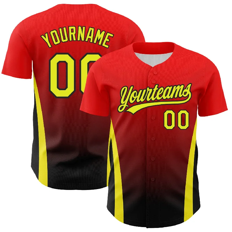 Baseball Jersey for Fan Apparel for College Teams-Custom Red Neon Yellow-Black 3D Pattern Design Side Stripes Authentic Baseball Jersey