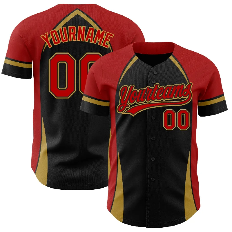 Baseball Jersey for Team Merchandise for Events-Custom Black Red-Old Gold 3D Pattern Design Curve Solid Authentic Baseball Jersey