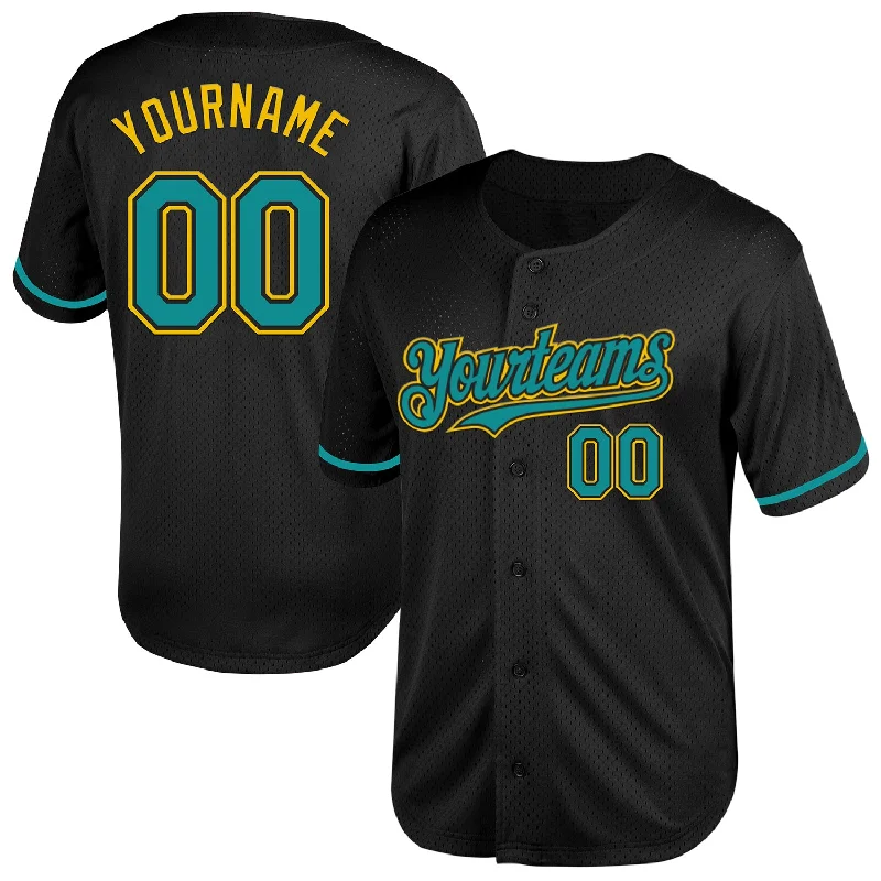 Baseball Jersey for Baseball Supporter Merchandise-Custom Black Teal-Yellow Mesh Authentic Throwback Baseball Jersey