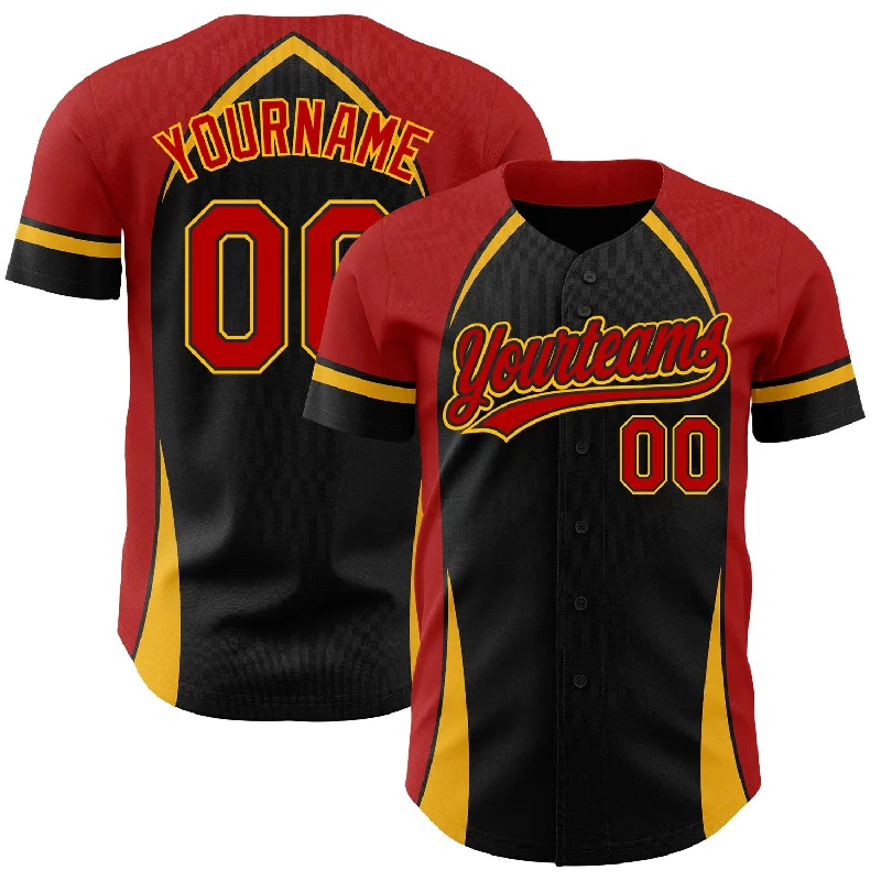 Baseball Jersey for Special Edition Fan Gear-Custom Black Red-Gold 3D Pattern Design Curve Solid Authentic Baseball Jersey