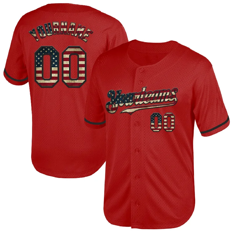 Baseball Jersey for Special Event Apparel-Custom Red Vintage USA Flag-Black Mesh Authentic Throwback Baseball Jersey