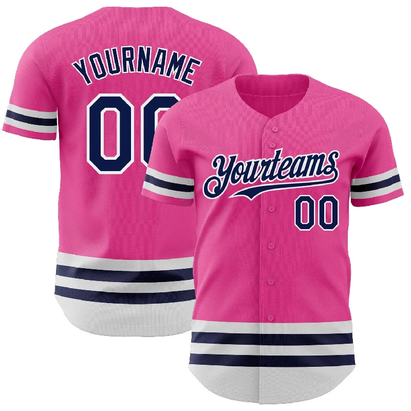 Baseball Jersey for Local Baseball Teams-Custom Pink Navy-White Line Authentic Baseball Jersey