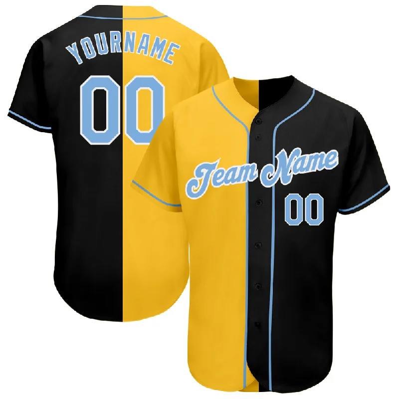 Baseball Jersey for Baseball Fan Apparel-Custom Black Light Blue-Yellow Authentic Split Fashion Baseball Jersey