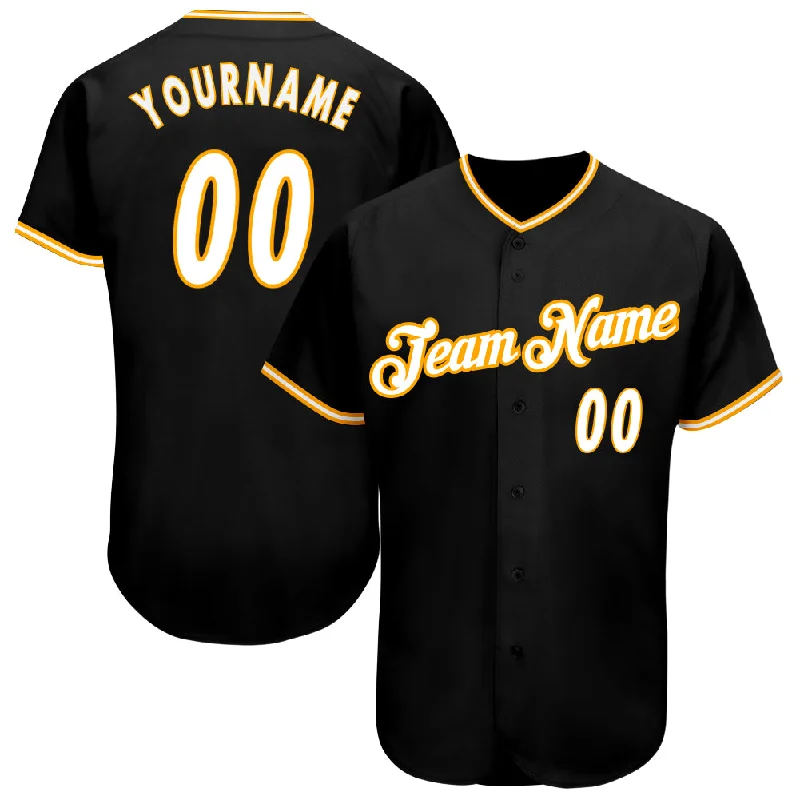 Baseball Jersey for Baseball Players’ Custom Apparel-Custom Black White-Gold Authentic Baseball Jersey