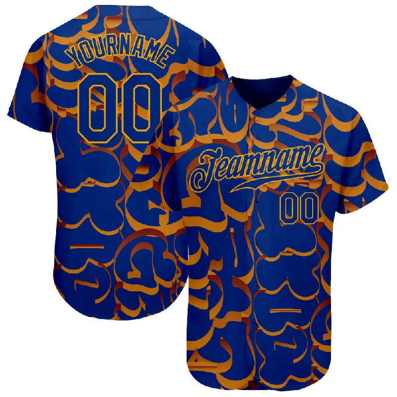 Baseball Jersey for Custom Apparel for Fans-Custom Graffiti Pattern Royal-Gold 3D Authentic Baseball Jersey