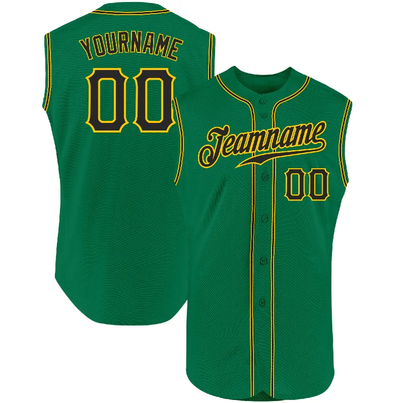 Baseball Jersey for Fun Baseball Game-Day Apparel-Custom Kelly Green Black-Gold Authentic Sleeveless Baseball Jersey