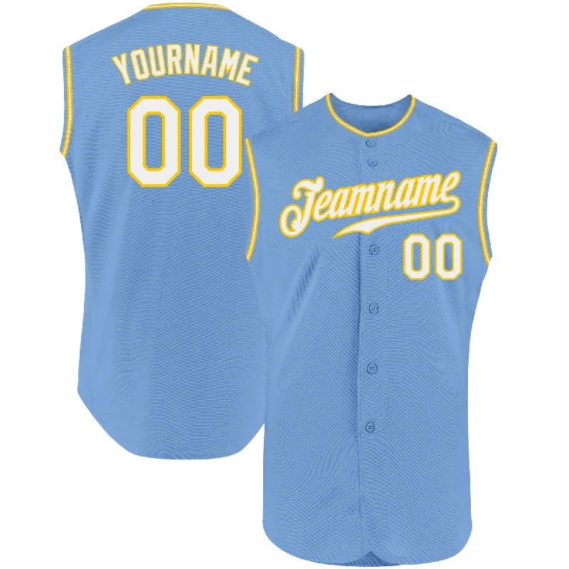 Baseball Jersey for Baseball Players’ Custom Apparel-Custom Light Blue White-Gold Authentic Sleeveless Baseball Jersey