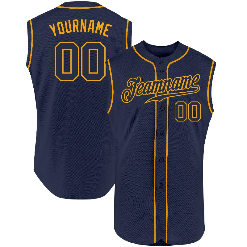 Baseball Jersey for Baseball Apparel for Baseball Leagues-Custom Navy Navy-Gold Authentic Sleeveless Baseball Jersey