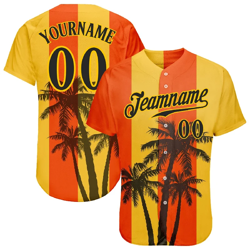 Baseball Jersey for Professional Baseball Teams-Custom Orange Black-Gold 3D Pattern Design Hawaii Coconut Trees Authentic Baseball Jersey