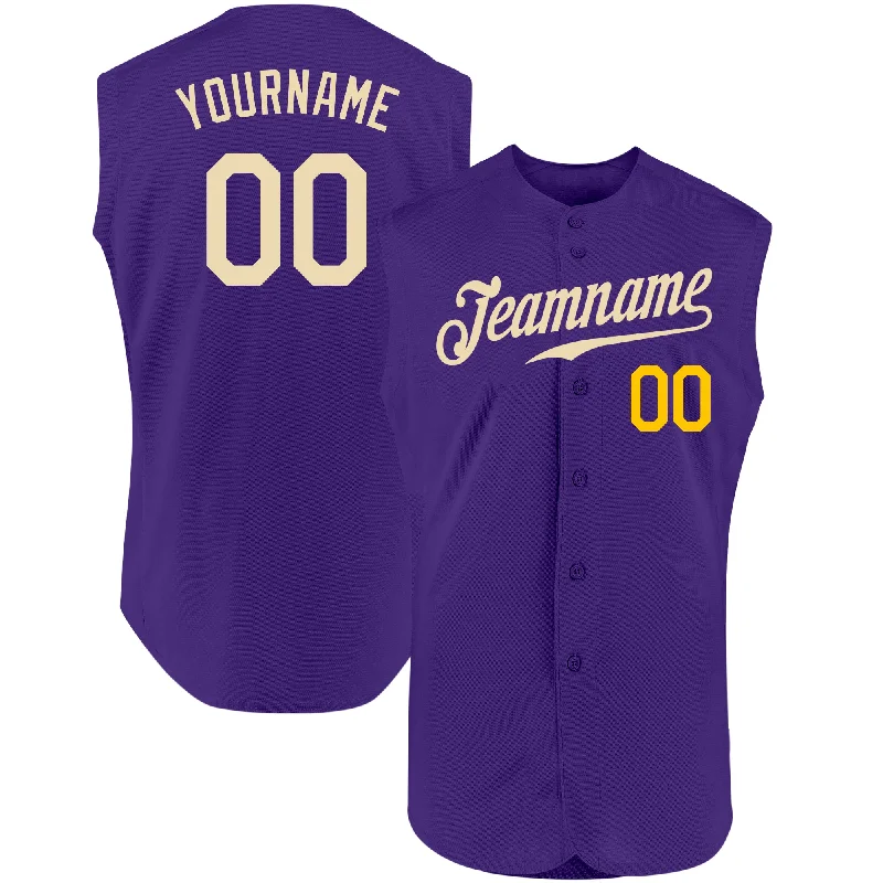 Baseball Jersey for Baseball Jersey Customization-Custom Purple Cream-Gold Authentic Sleeveless Baseball Jersey