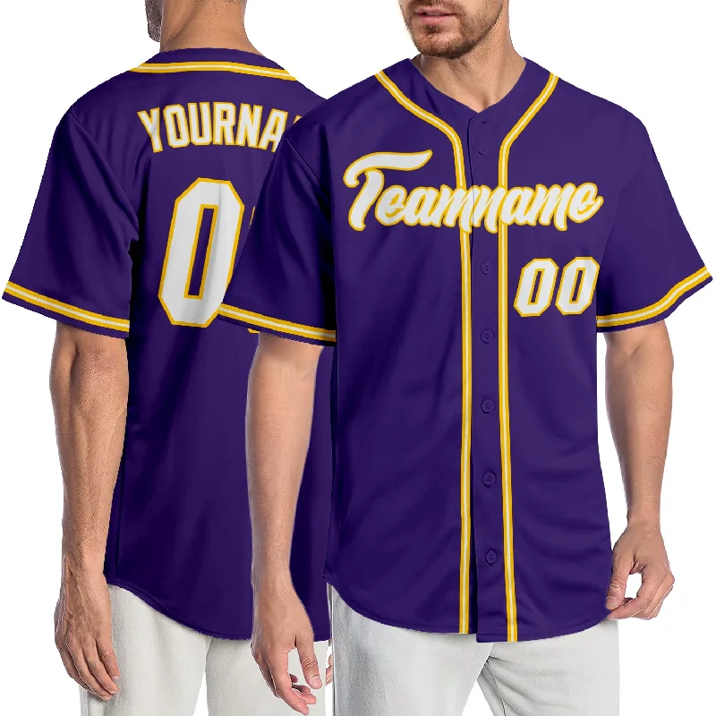 Baseball Jersey for Youth Baseball Teams-Custom Purple White-Gold Authentic Baseball Jersey