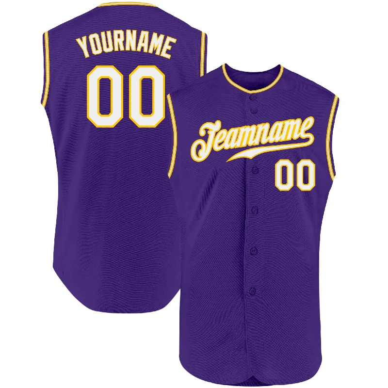 Baseball Jersey for Baseball Player Apparel for Schools-Custom Purple White-Gold Authentic Sleeveless Baseball Jersey