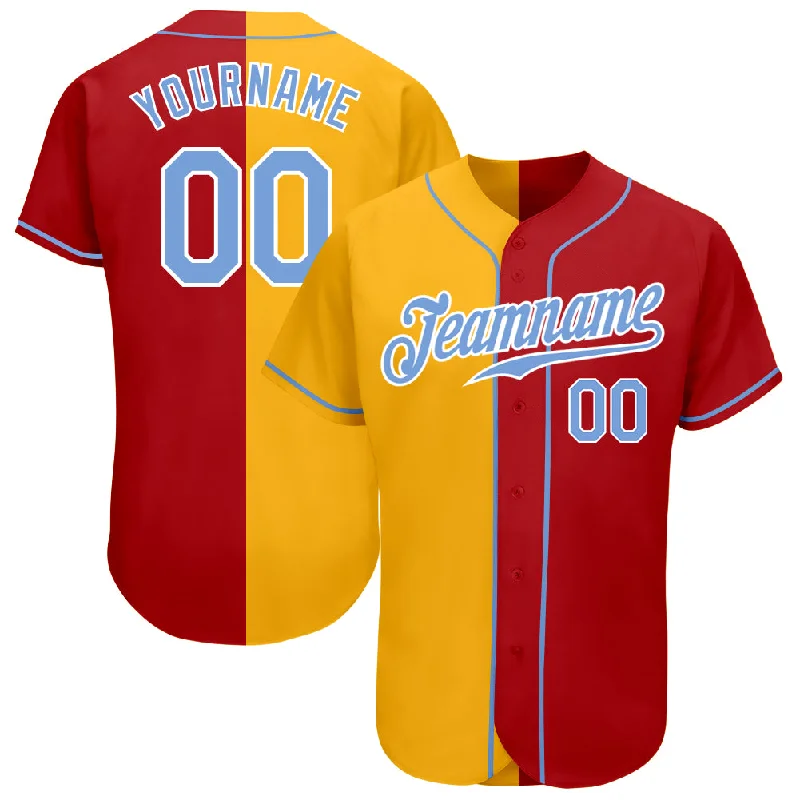 Baseball Jersey for College Baseball Fans-Custom Red Light Blue-Yellow Authentic Split Fashion Baseball Jersey