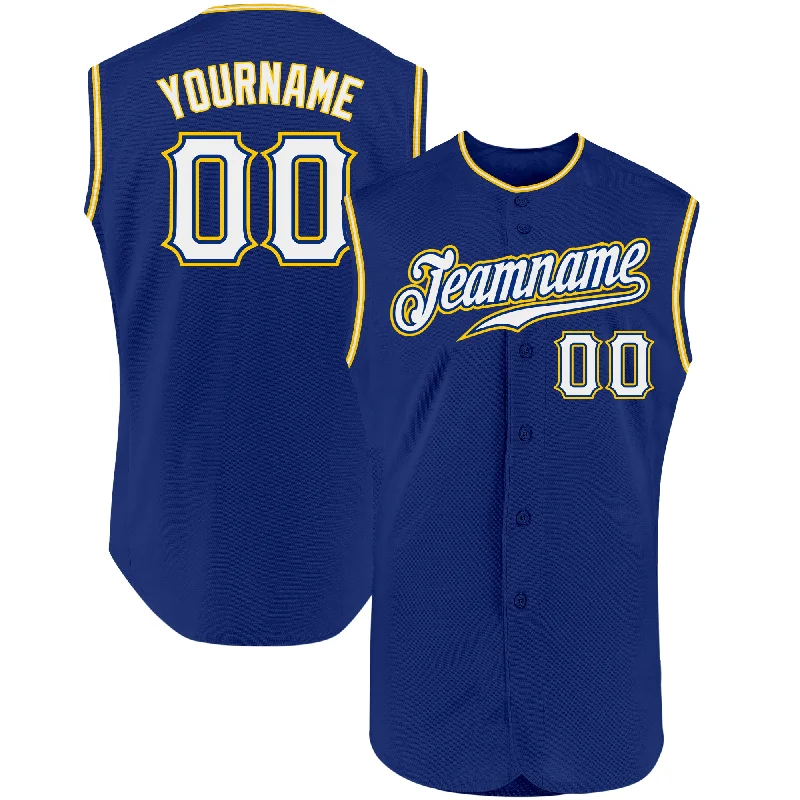 Baseball Jersey for Personalized Baseball Team Wear-Custom Royal White-Gold Authentic Sleeveless Baseball Jersey