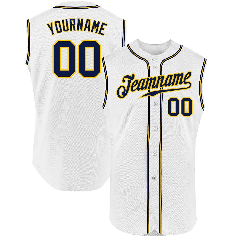 Baseball Jersey for Men’s Baseball-Custom White Navy-Gold Authentic Sleeveless Baseball Jersey