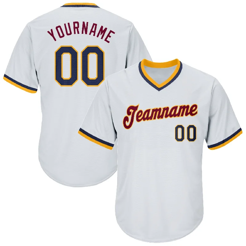 Baseball Jersey for Personalized Fan Apparel for Teams-Custom White Navy-Gold Authentic Throwback Rib-Knit Baseball Jersey Shirt