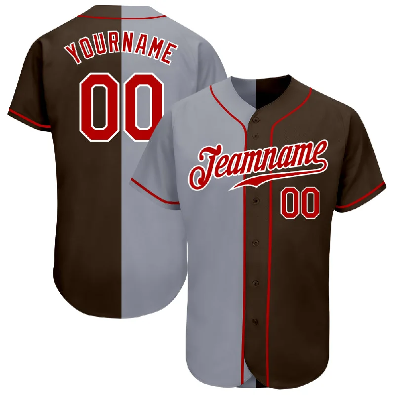 Baseball Jersey for Custom Team Apparel for Schools-Custom Brown Red-Gray Authentic Split Fashion Baseball Jersey