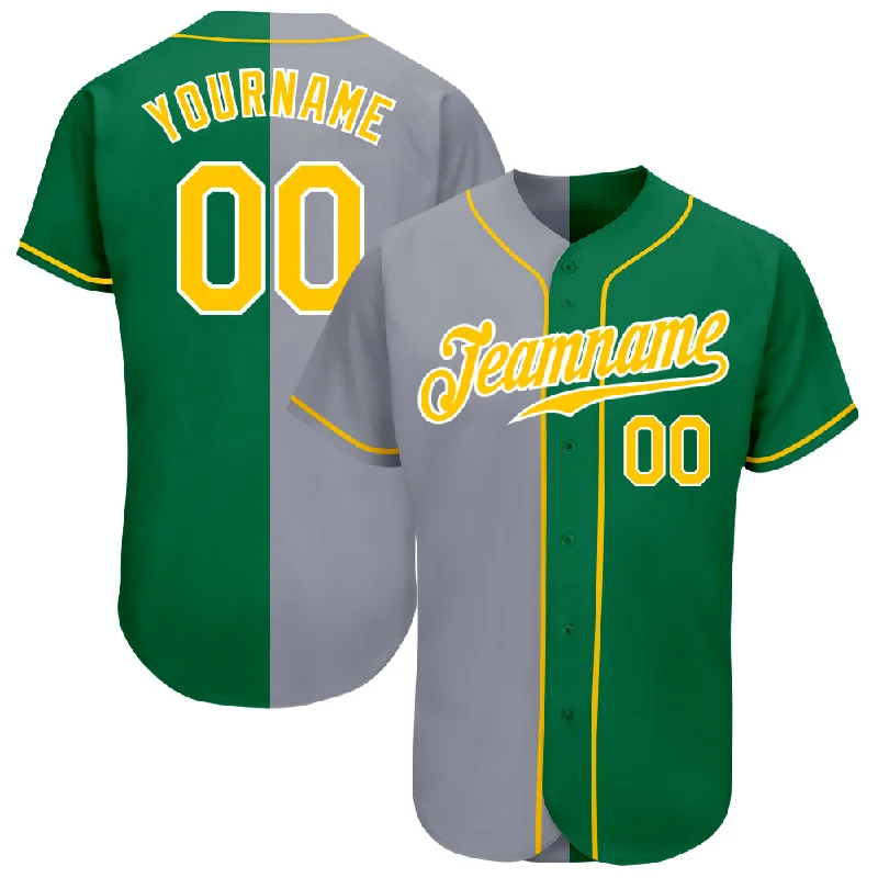 Baseball Jersey for Gift Ideas for Baseball Fans-Custom Kelly Green Gold-Gray Authentic Split Fashion Baseball Jersey