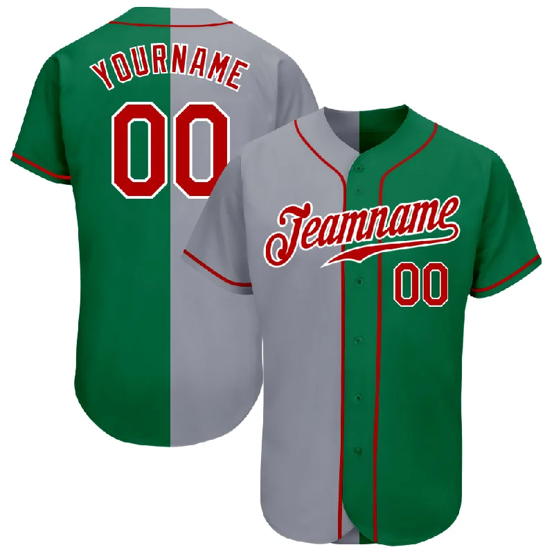 Baseball Jersey for Local School Baseball Teams-Custom Kelly Green Red-Gray Authentic Split Fashion Baseball Jersey