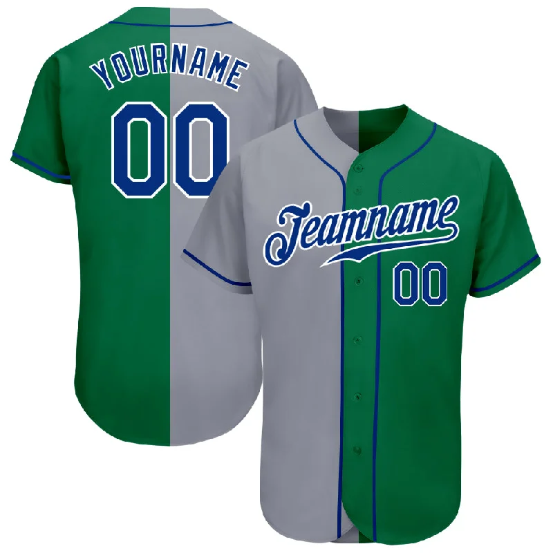 Baseball Jersey for Personalized Fan Apparel for Teams-Custom Kelly Green Royal-Gray Authentic Split Fashion Baseball Jersey