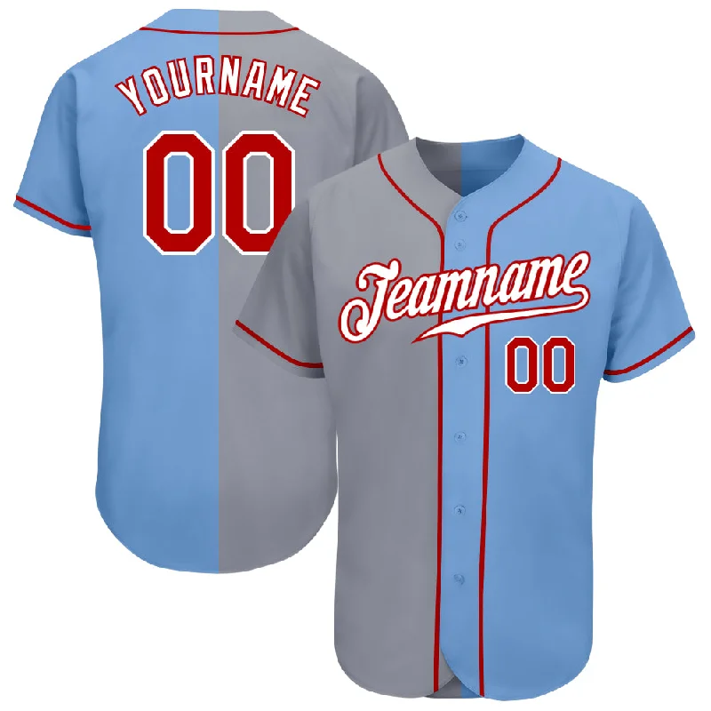 Baseball Jersey for Group Sports Apparel-Custom Light Blue Red-Gray Authentic Split Fashion Baseball Jersey