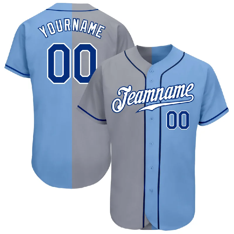 Baseball Jersey for Custom Team Uniforms for Schools-Custom Light Blue Royal-Gray Authentic Split Fashion Baseball Jersey