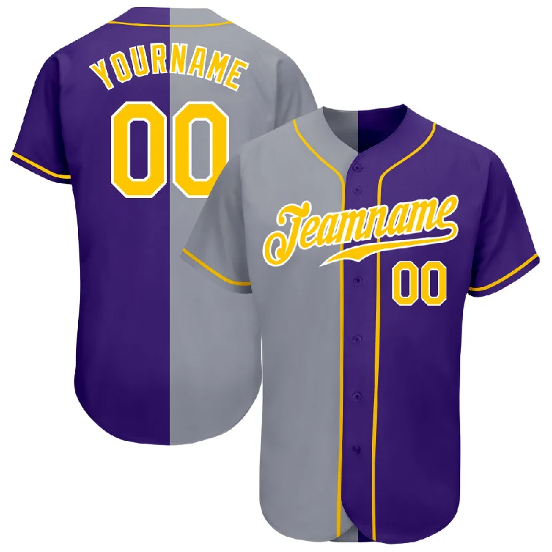 Baseball Jersey for Youth Baseball Gear for Tournaments-Custom Purple Gold-Gray Authentic Split Fashion Baseball Jersey