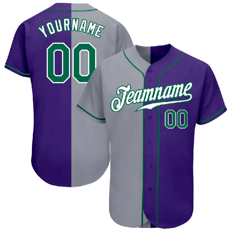 Baseball Jersey for Baseball Gear for Competitions-Custom Purple Kelly Green-Gray Authentic Split Fashion Baseball Jersey