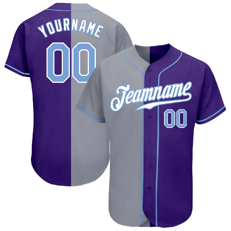 Baseball Jersey for Holiday Gift Ideas for Baseball Fans-Custom Purple Light Blue-Gray Authentic Split Fashion Baseball Jersey