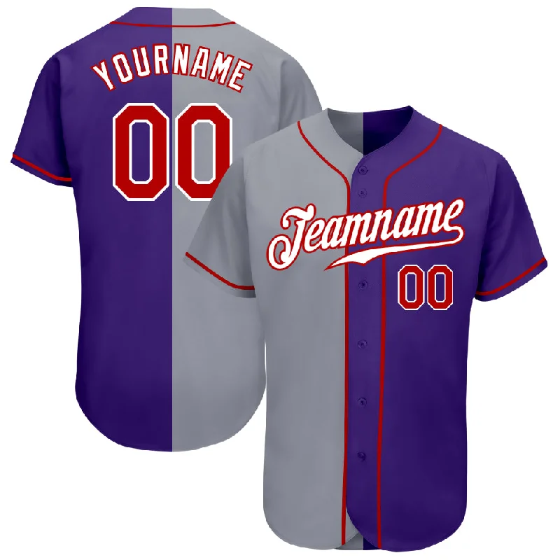 Baseball Jersey for Baseball Jerseys for Supporters-Custom Purple Red-Gray Authentic Split Fashion Baseball Jersey