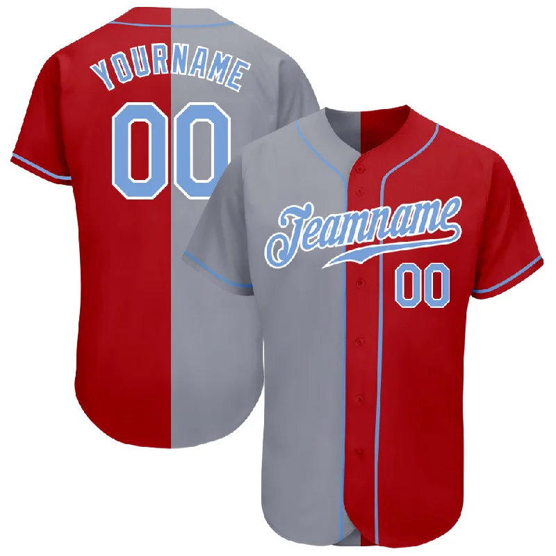 Baseball Jersey for Personalized Apparel for Baseball Fans-Custom Red Light Blue-Gray Authentic Split Fashion Baseball Jersey