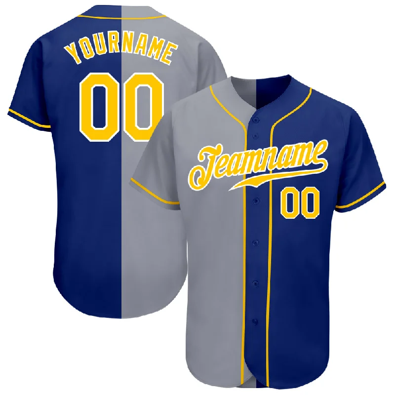 Baseball Jersey for School Sports Gear-Custom Royal Gold-Gray Authentic Split Fashion Baseball Jersey