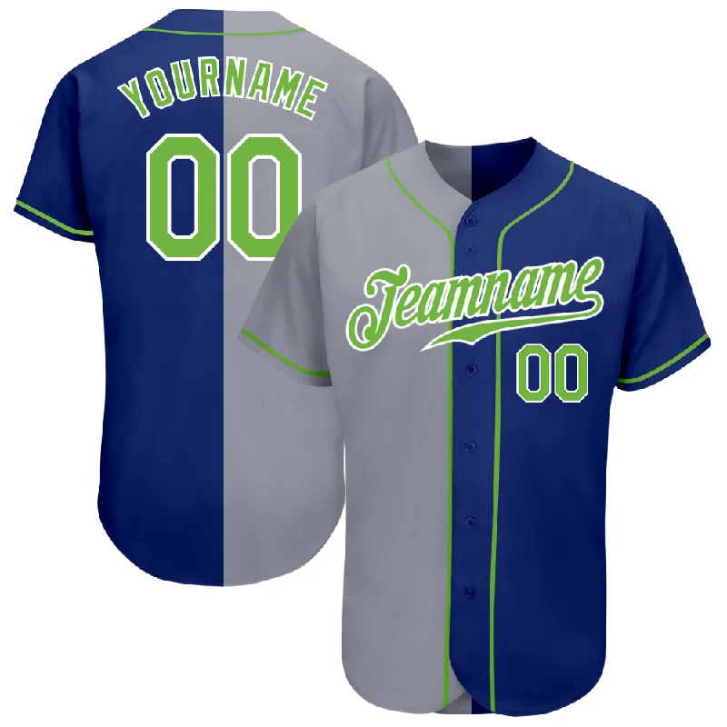 Baseball Jersey for Custom Team Jerseys for Gifts-Custom Royal Neon Green-Gray Authentic Split Fashion Baseball Jersey