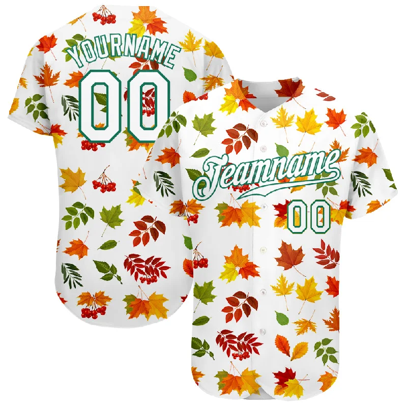 Baseball Jersey for Fun Baseball Tournaments-Custom White White-Kelly Green 3D Pattern Design Autumn Leaves Authentic Baseball Jersey