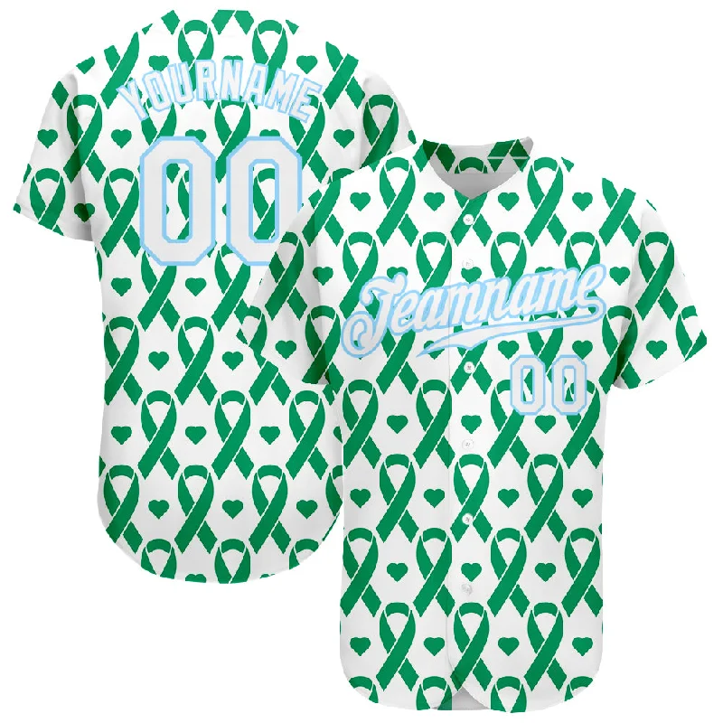 Baseball Jersey for Youth Teams-Custom Kelly Green White-Light Blue 3D Pattern Design Breast Cancer Authentic Baseball Jersey