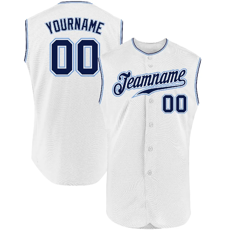 Baseball Jersey for Personalized Jerseys for Kids-Custom White Navy-Light Blue Authentic Sleeveless Baseball Jersey