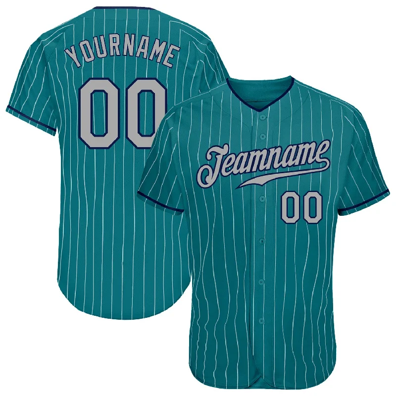 Baseball Jersey for Custom Fan Merchandise for Schools-Custom Teal White Pinstripe Gray-Navy Authentic Baseball Jersey