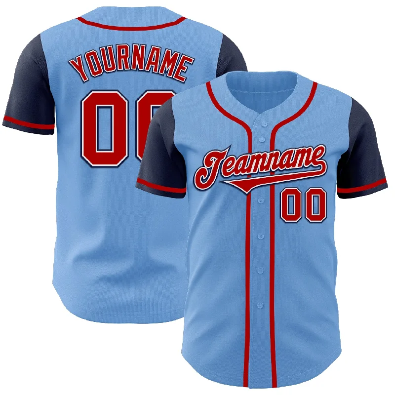 Baseball Jersey for Baseball-Themed Birthday Gifts-Custom Light Blue Red-Navy Authentic Two Tone Baseball Jersey