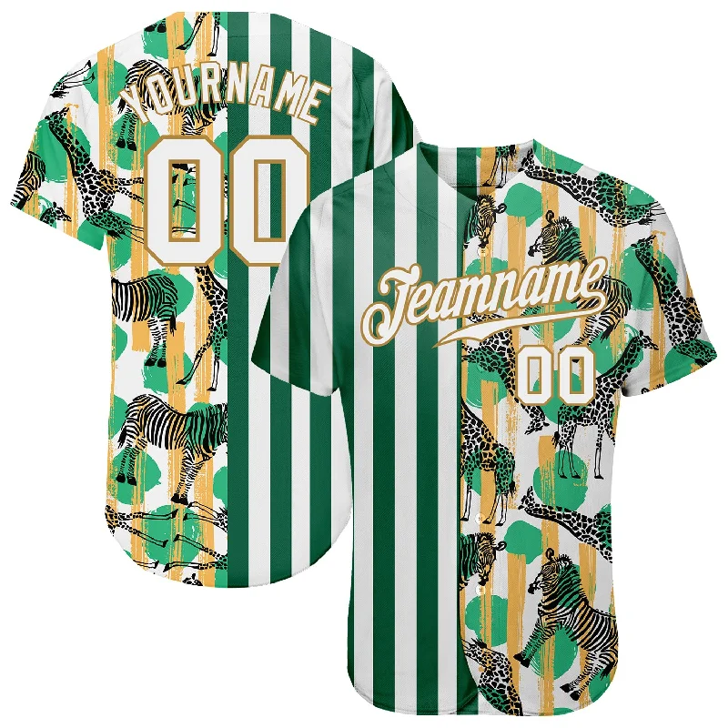 Baseball Jersey for High School Baseball Teams-Custom Kelly Green White-Old Gold 3D Pattern Design Zebras And Giraffes Authentic Baseball Jersey