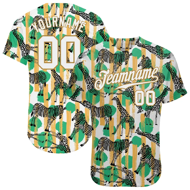 Baseball Jersey for Custom Numbers-Custom Kelly Green White-Old Gold 3D Pattern Design Zebras And Giraffes Authentic Baseball Jersey